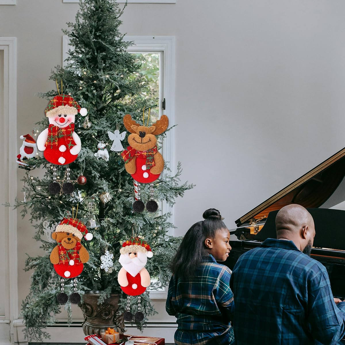 HASTHIP® 4Pcs Christmas Tree Ornaments Cartoonish Christmas Hangings Christmas Home Decor Snowman Elk Santa Claus Hangings Christmas Ornaments for Christmas Tree, Door, Window, 17x8cm