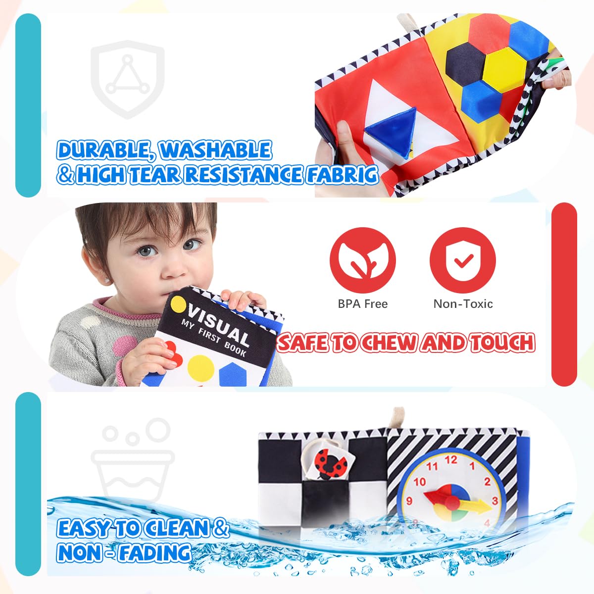 SNOWIE SOFT Cloth Books for Babies with Crinkle Pages and Squeaky Sound | Black and White Sensory Toy