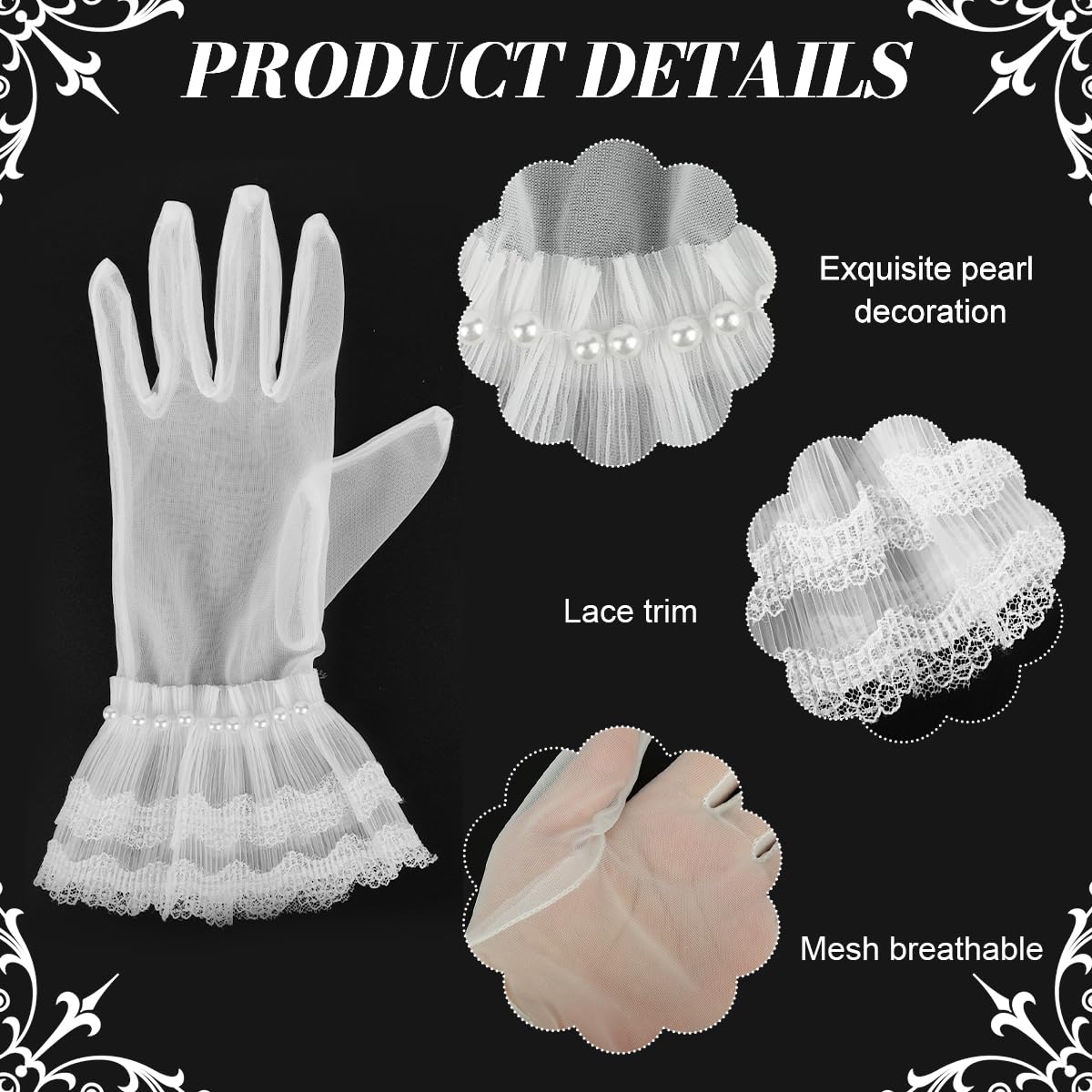 SANNIDHI Short Bridal Gloves for Wedding with Lace Trimmed Pearl Cuffs and Sheer Tulle | Elegant Accessory for Bridal Photography