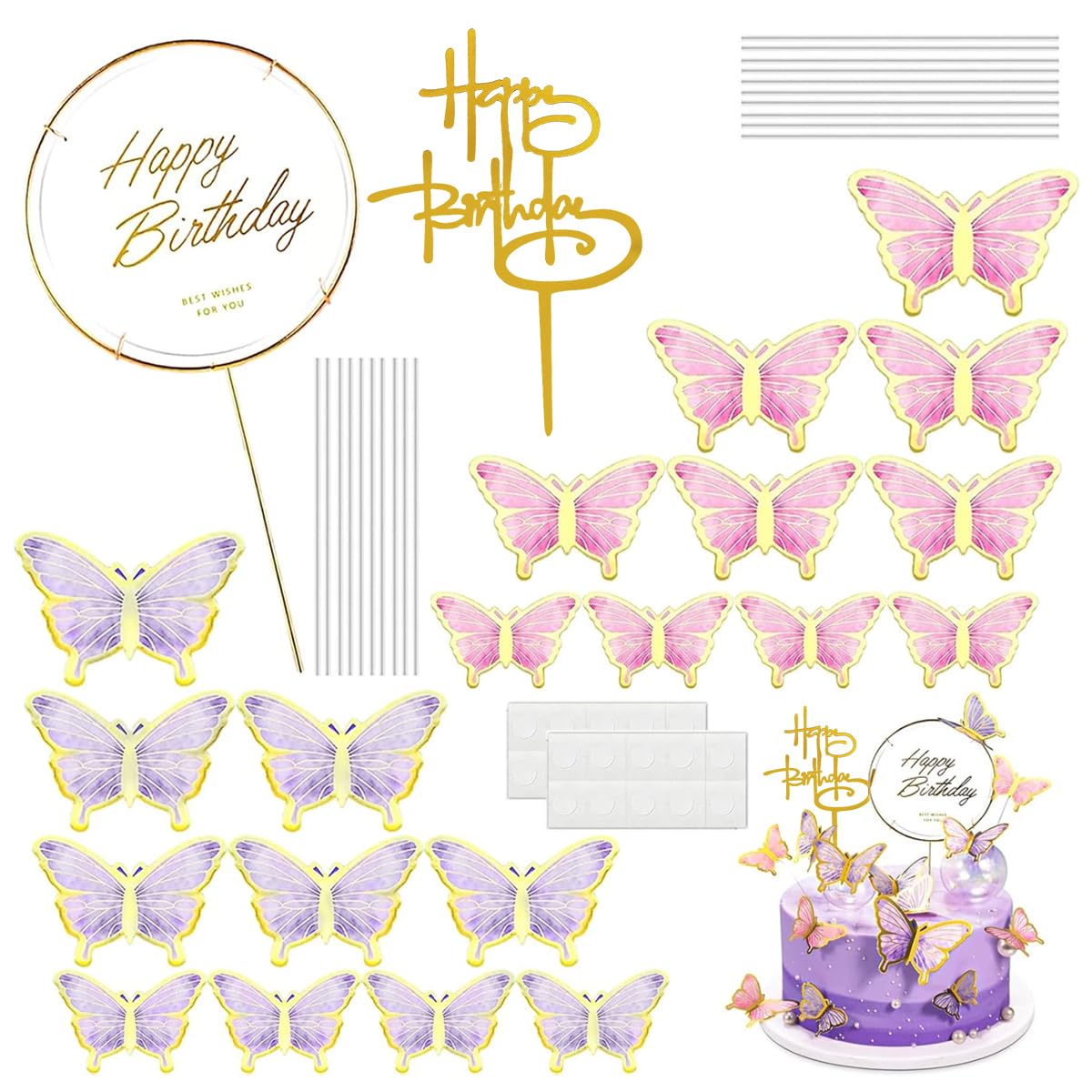 HASTHIP  22 pcs Cute Butterfly Cake Decorations,2 Cakes Decorate for Girl with 1 Happy Birthday Acrylic & 20 Butterflies & 1 Iron Circle in 1st to 25th Birthday Party(Purple & Pink)