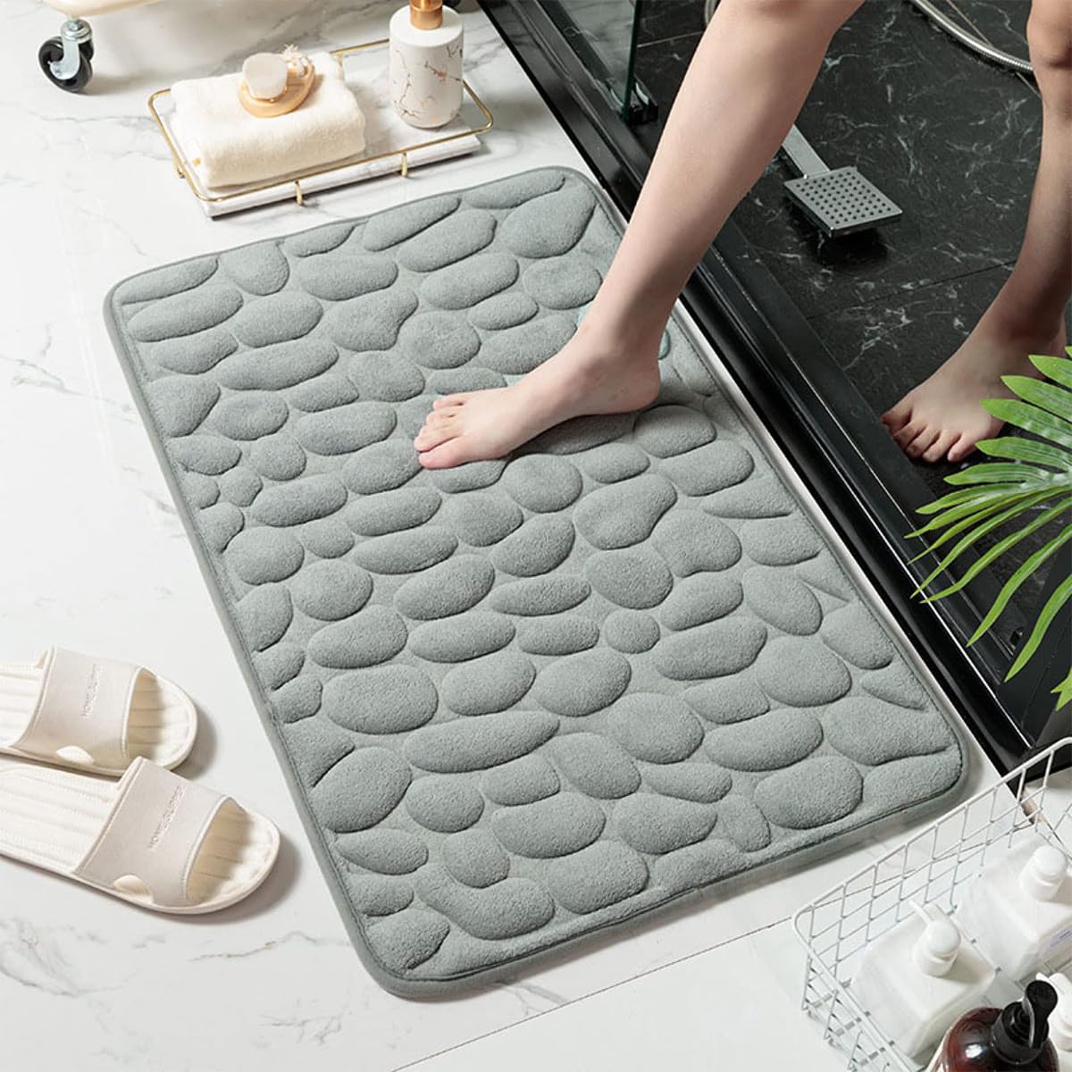 Zibuyu Memory Foam Bath Mat for Bathroom 15.7 x 23.6 featuring Non Slip PVC Backing and Soft Coral Velvet | Cobblestone Design Rug