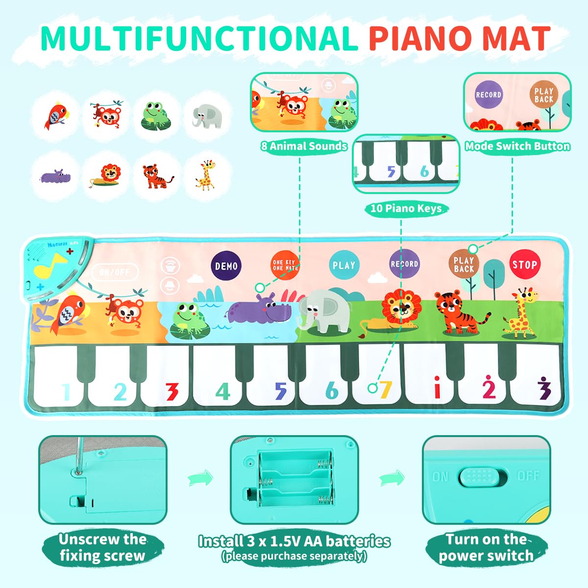 PATPAT Piano Keyboard Musical Mat for Kids 43.3x14.2in with 10 Sounds | Educational Toy
