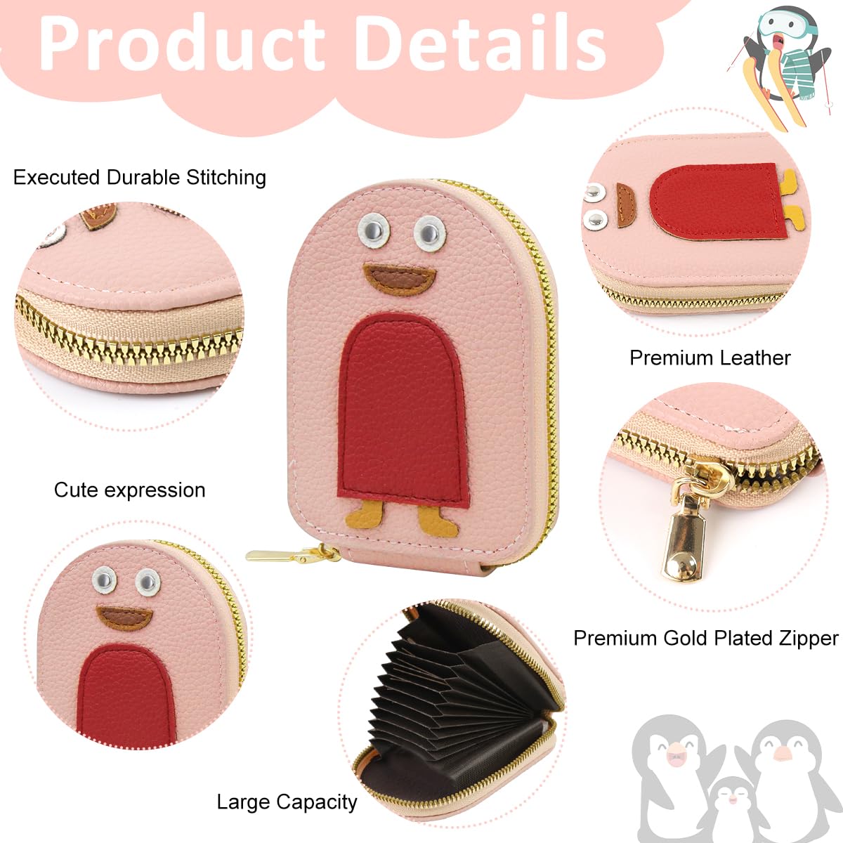 PALAY Girls Card Bag for Travel and Daily Use with 10 Compartments and RFID Blocking | Pink Cartoon Penguin PU Wallet Organizer