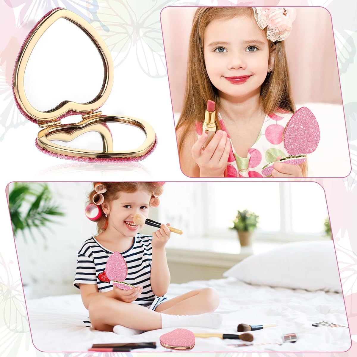 MAYCREATE Mini Heart Folding Mirror for Travel with Dual Mirrors and Pink Glitter Design | 6.9x7.21cm Compact Makeup Mirror for Women