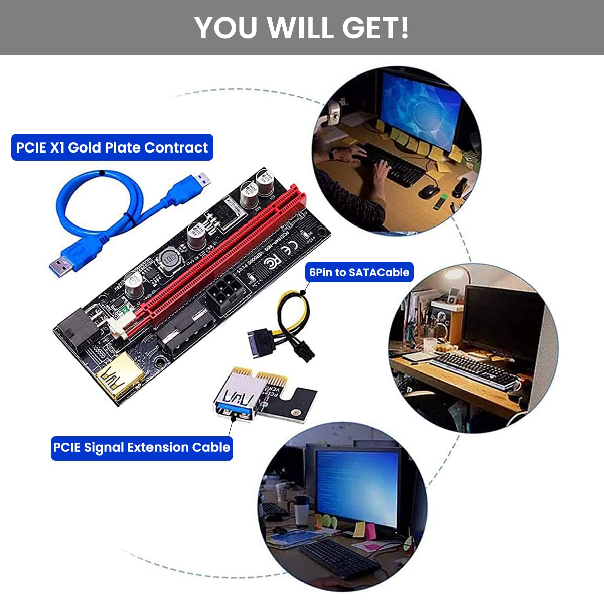 Verilux® Pi+ VER009S Gold PCI-E 6Pin 1X to 16X Powered Pcie Riser Adapter Card & USB 3.0 Graphic Extension Cable GPU Riser Adapter-Mining Bitcoin, Ethereum ETH Zcash ZEC Monero XMR (VER009S 2 Pack)