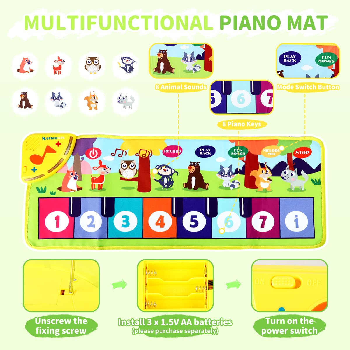 PATPAT Animals Piano Keyboard Musical Mat for Kids with 6 Modes and 31.5×11.81 in Size | Waterproof Polyester Play Toy
