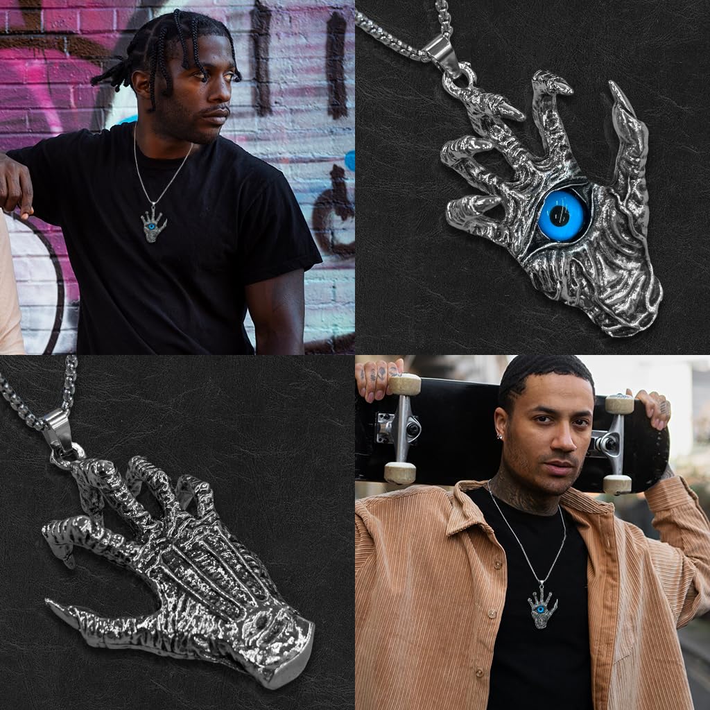 Proberos Necklace for Men featuring Devil's Hand Blue Eye Pendant and Gothic Punk Style | Alloy Chain