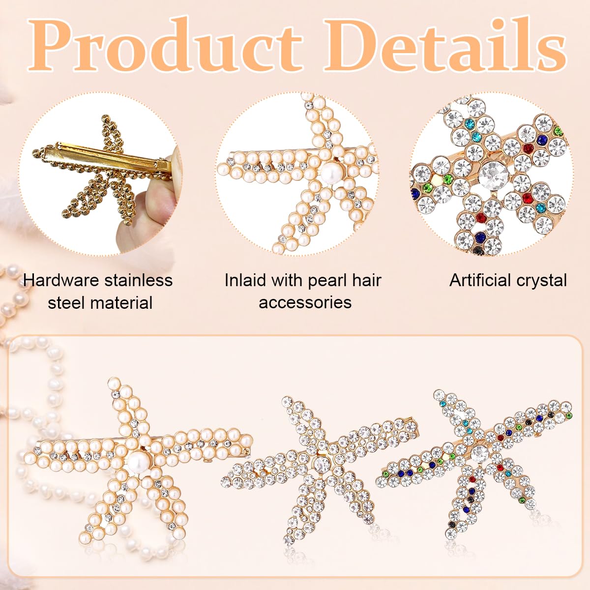 PALAY® 3pcs Starfish Hair Clips for Women Stylish Latest Rhinestone Pearls Hair Clip Sea Star Crystal Headpiece Shining Gold Alloy Wedding Hair Acccessories for Girls Bride