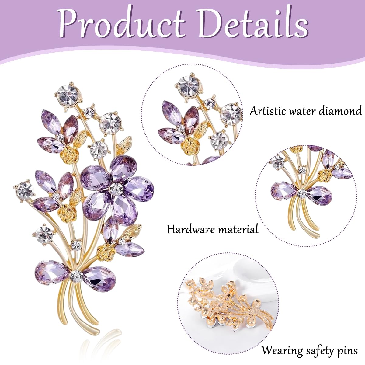 Venzina® Rhinestone Brooch for Women, Alloy Exquisite Purple Floral Brooch Wedding Brooch Stylish Women Brooch for Suits, Blouses, Dresses Gift Brooch for Women