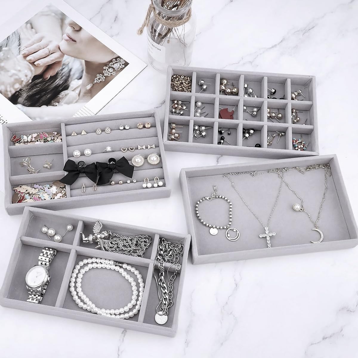 SANNIDHI Jewelry Organizer 4pcs Set for Earrings and Necklaces with Stackable Trays | 9.4×5.9×1.1 in Drawer Storage