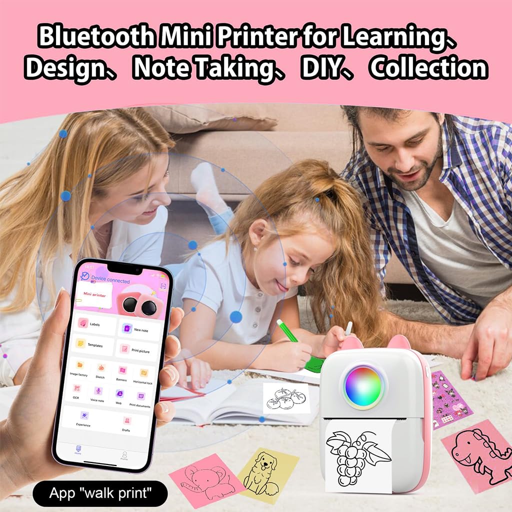 ZEITEL Mini Bluetooth Thermal Printer for Android and iOS with LED Light and 13 Roll Paper | 200DPI Inkfree Portable Label Maker