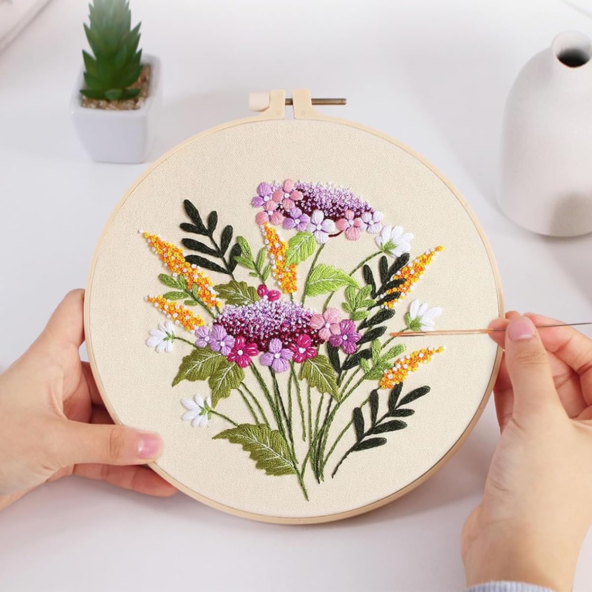 HASTHIP DIY Embroidery Art Craft Kit for Beginners with 20cm Hoop and Color Yarns | Flower Canvas Decoration