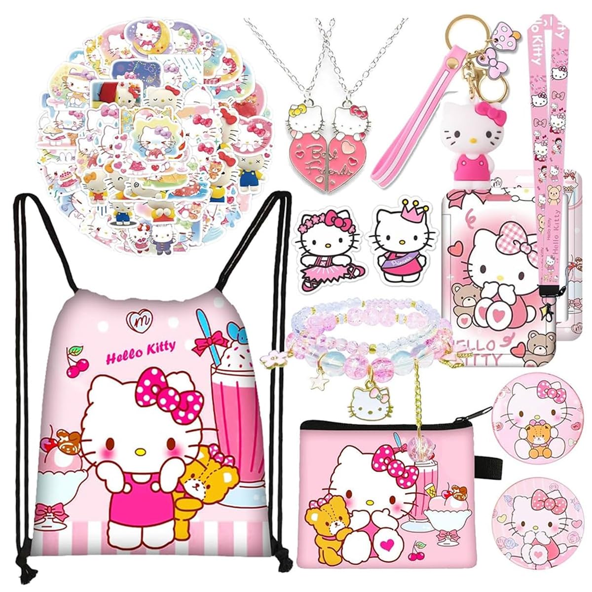 PATPAT® Cute Kawaii Kitty Stuff Gift Set, Including Drawstring Bag Coin Wallet Bracelet Keychain Necklaces Button Pins Stickers Lanyard for Kids Teens Adults