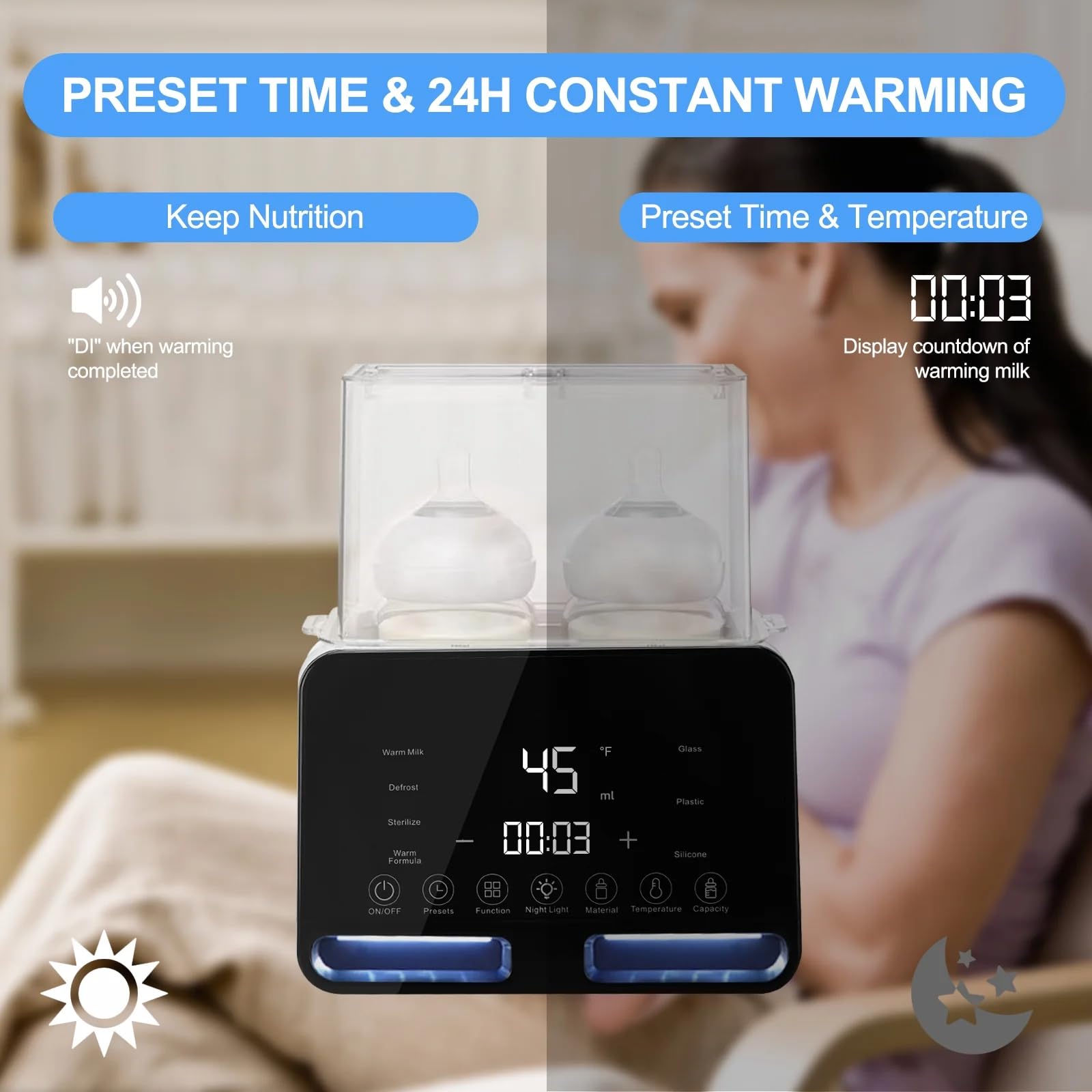 Supvox Baby Bottle Warmer with 48H Insulation and Smart 45° Constant Temperature | Defrost and Steam Disinfection