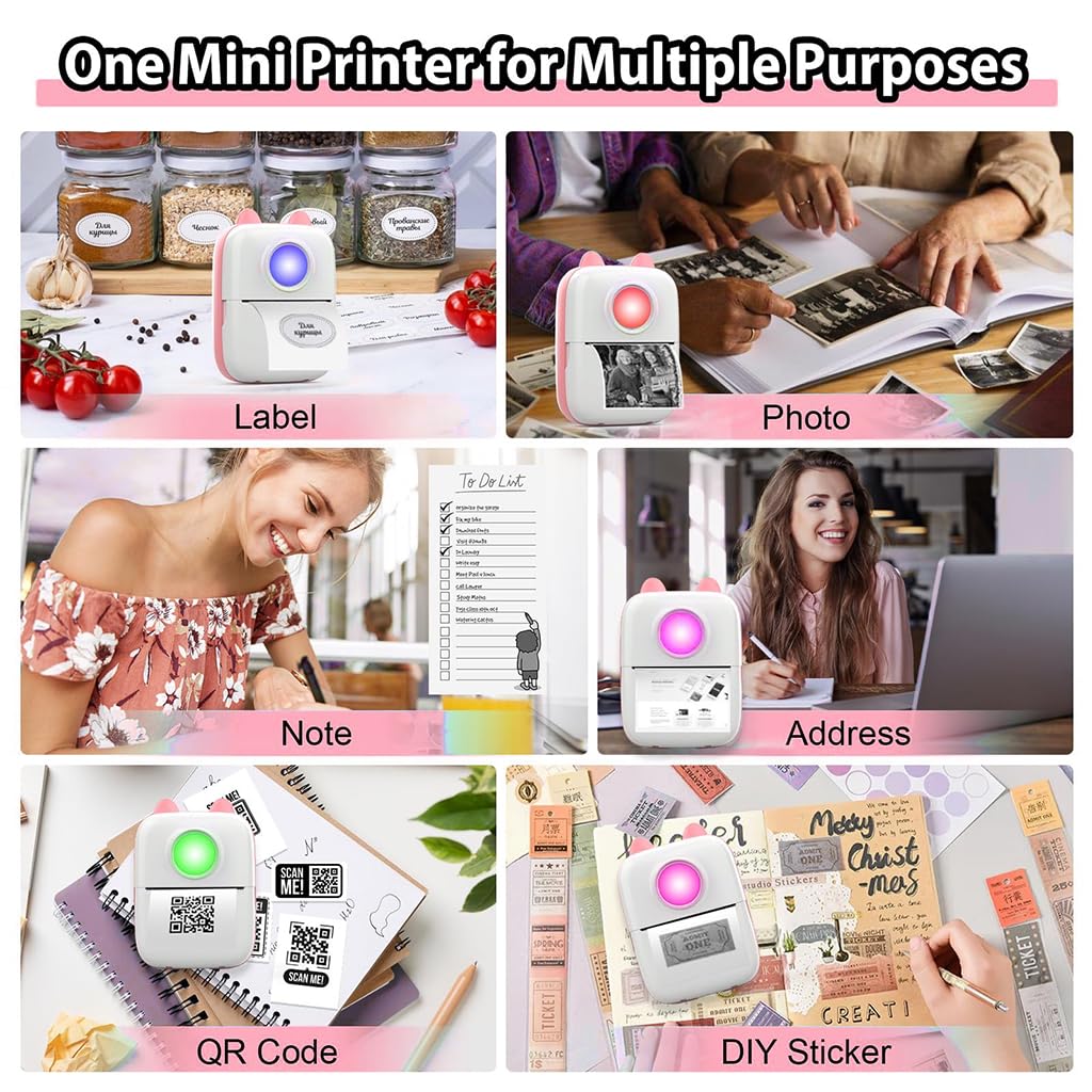 ZEITEL Mini Bluetooth Thermal Printer for Android and iOS with LED Light and 13 Roll Paper | 200DPI Inkfree Portable Label Maker