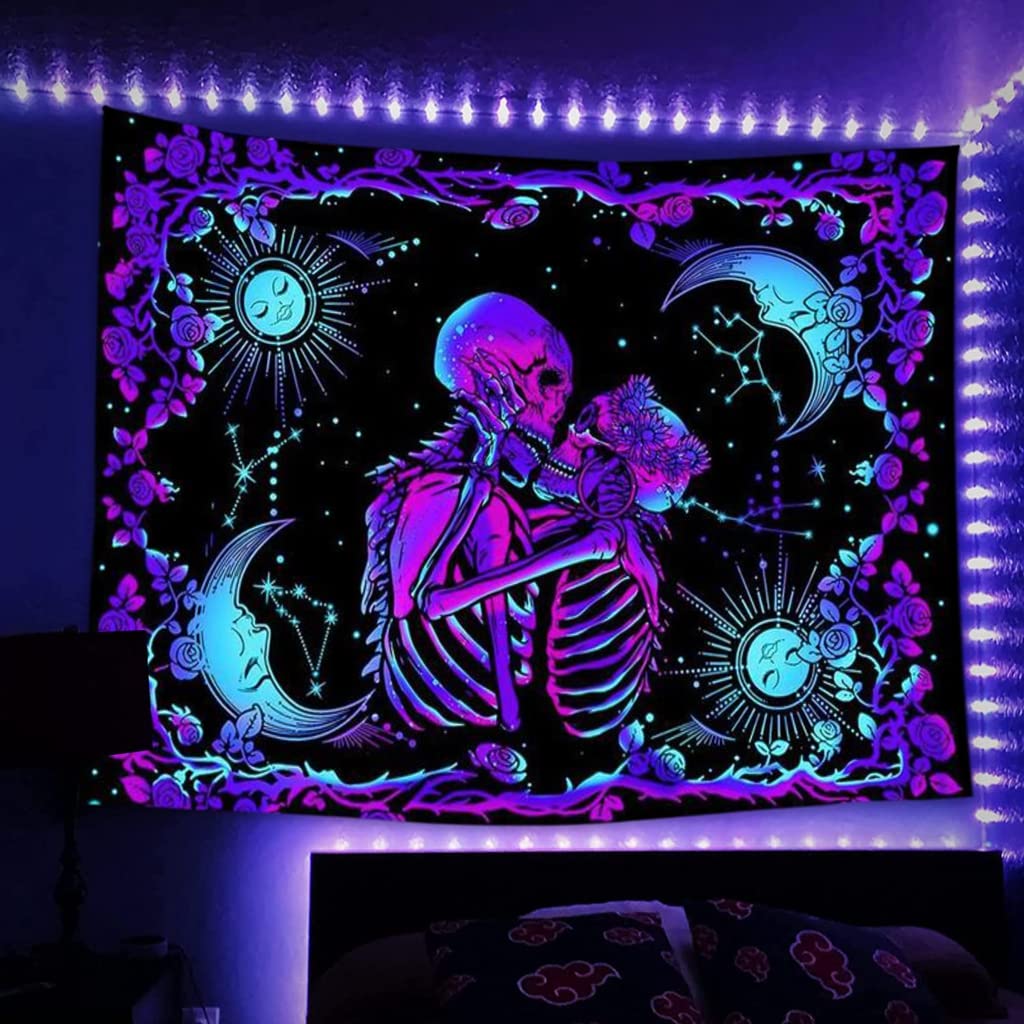 HASTHIP® UV Luminous Skull Tapestry, UV Reactive Tapestry Glow in The Dark, The Kissing Lovers Tapestry, Skeleton Wall Art for Bedroom Living Room for Room Dorm (51inch x 59inch)