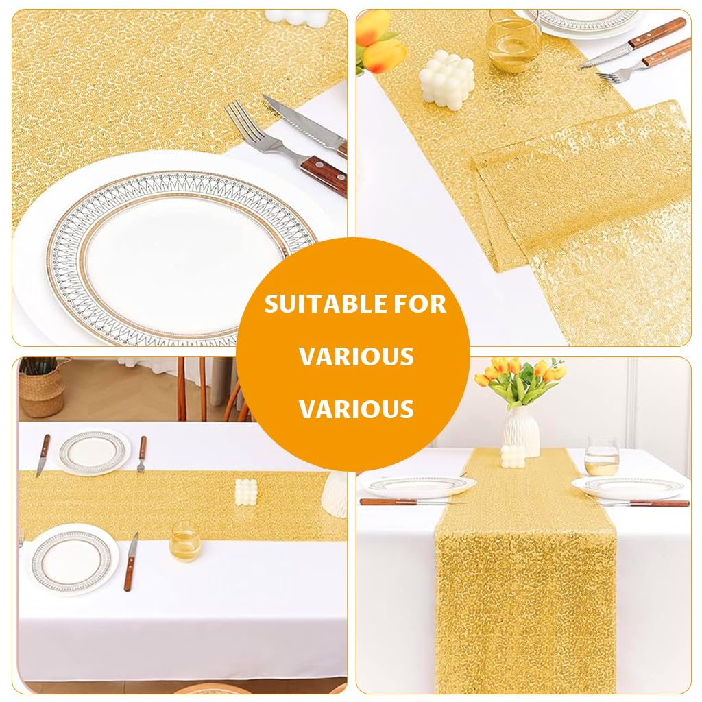 HASTHIP Sequin Table Runner 12 x 71 in for Holiday Celebration with Glitter Gold Design