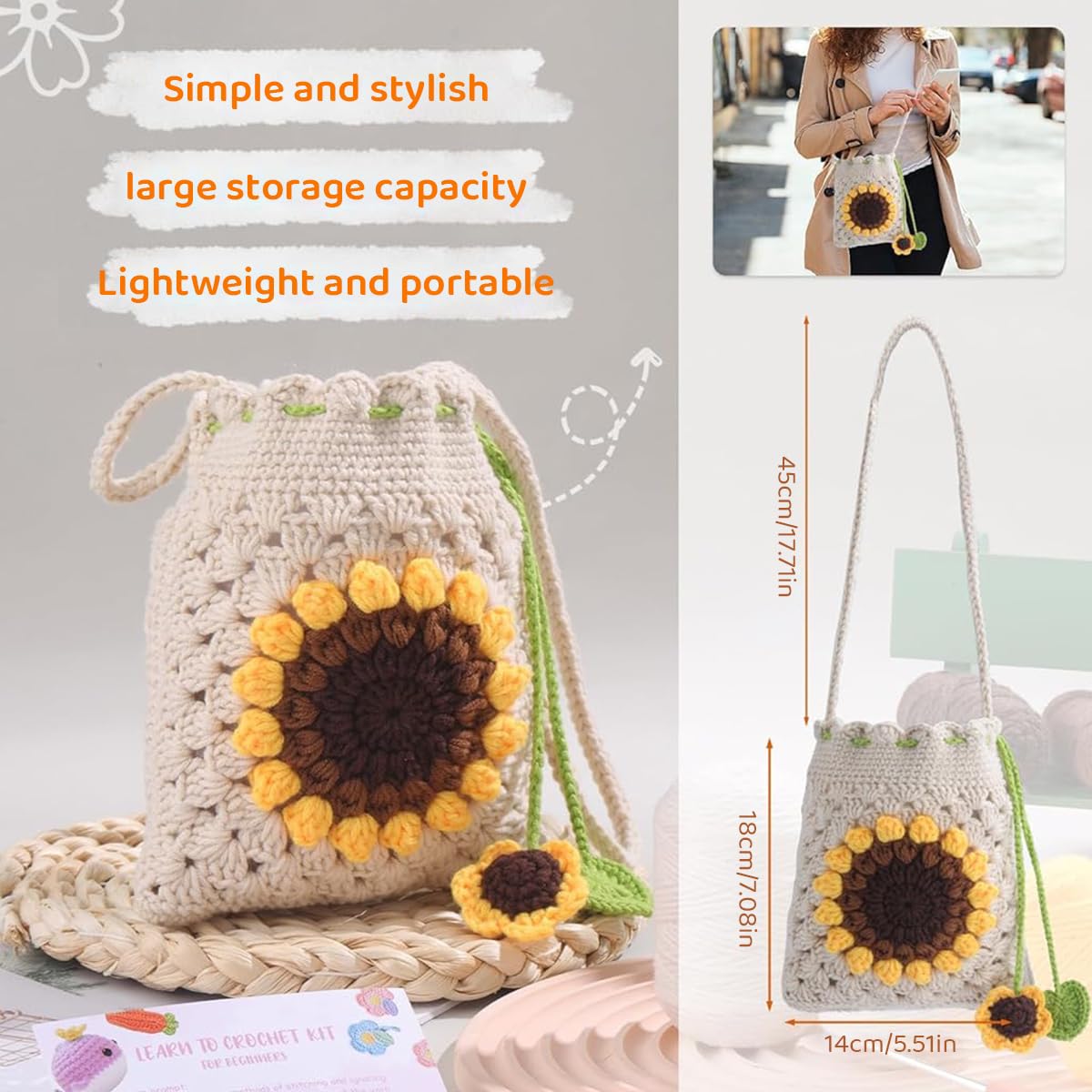 PATPAT Crochet Phone Bag Material Kit for Beginners with Yarn and Tools | Beige Sunflower DIY Gift