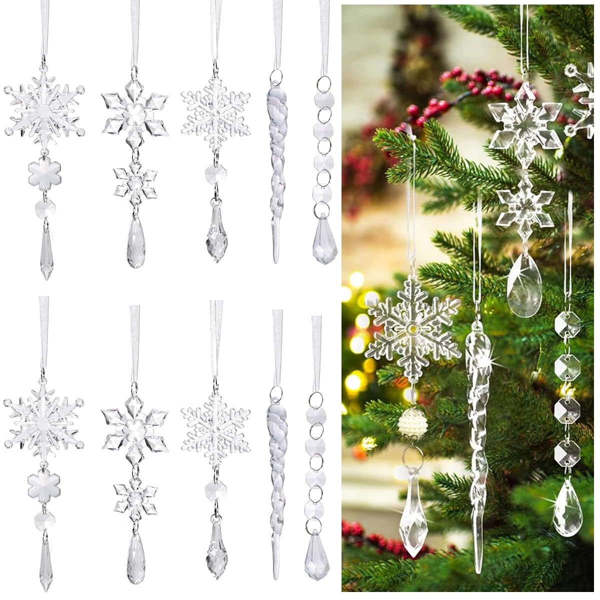 Venzina Crystal Acrylic Christmas Tree Ornaments for Holiday Décor with 10 Snowflake & Icicle Designs
