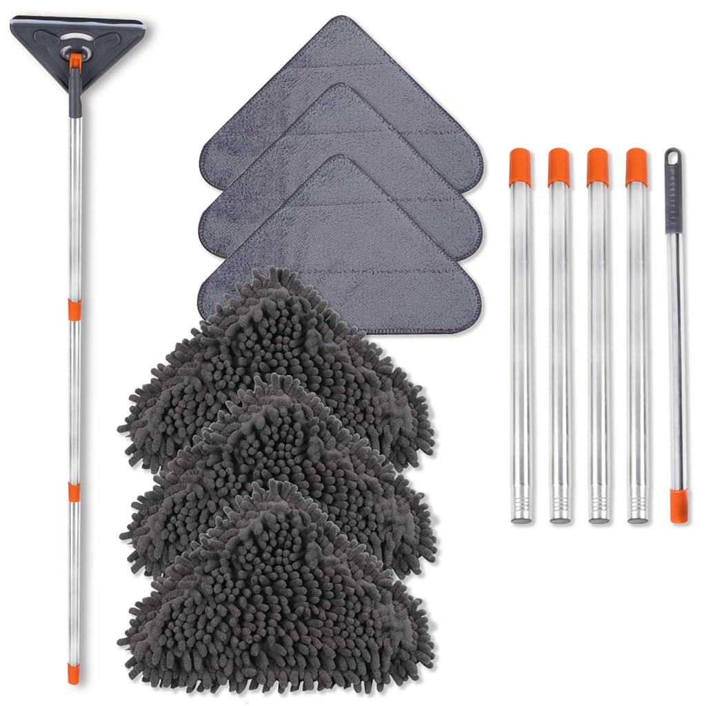 HASTHIP® Triangle Floor Mop Window Cleaner 6.6 Ft Adjustable Handle, 5 Rods, 6 Microfiber Heads, Push-Pull Squeezing Cleaning Mop Wet & Dry Cleaning Stick for Tiles, Windows, Corners, Ceilings