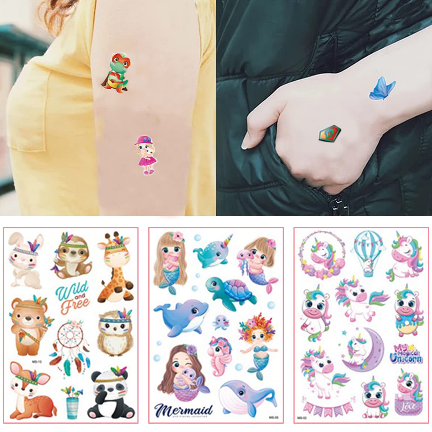 MAYCREATE Temporary Tattoo Stickers for Party Decoration with 18 Sheets Waterproof Design | Fun Cartoon Themes for Kids and Adults