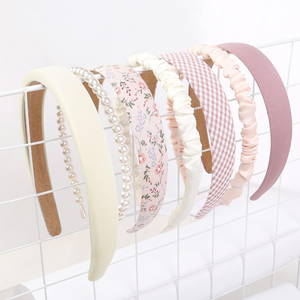 ZIBUYU 7 PCS Fashion Headbands for Women Floral Vintage Wide Headband Cute Pearl Head Band Twisted Pink Hair Bands for Girls Hair Non Slip Hair Accessories