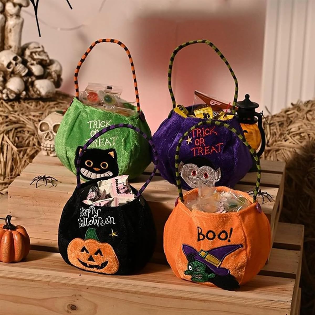 HASTHIP® 4Pcs Halloween Candy Basket Halloween Trick or Treat Candy Storage Bag for Kids Velvet Fabric Candy Handbag Treats Bag Halloween Kids Treat Snacks Storage Bag Halloween Home Decoration