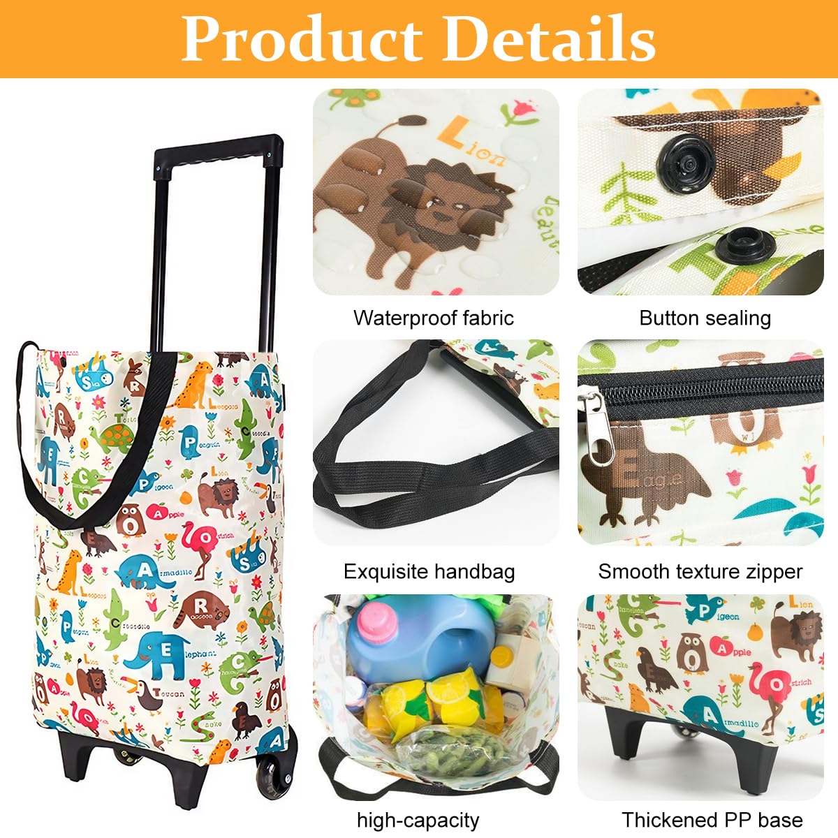 Portable Shopping Cart for Groceries with 20kg Capacity and Telescoping Handle | Waterproof Oxford Cloth featuring Shoulder Straps and Cartoon Print