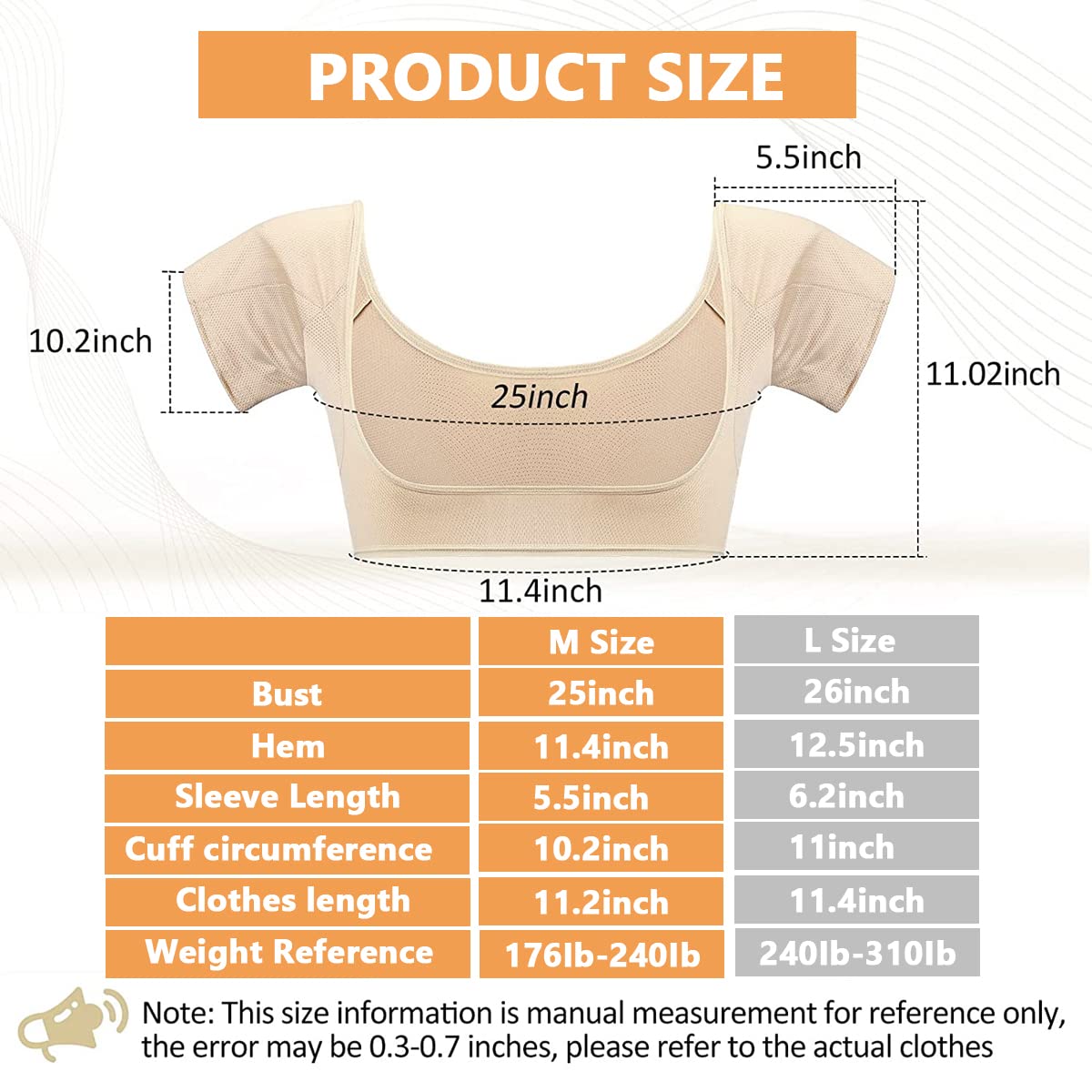 HANNEA® Underarm Sweat Vest, Underarm Sweat Pad for Women Girls, Breathable Armpit Sweat Pads Washable Padded Sweat Guard Vest (Size M, Suit for 45-60kg)