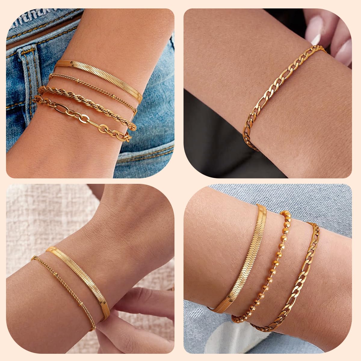 SANNIDHI Gold Bracelets Set for Women with 10 Slim Layered Links | Everyday and Party Wear