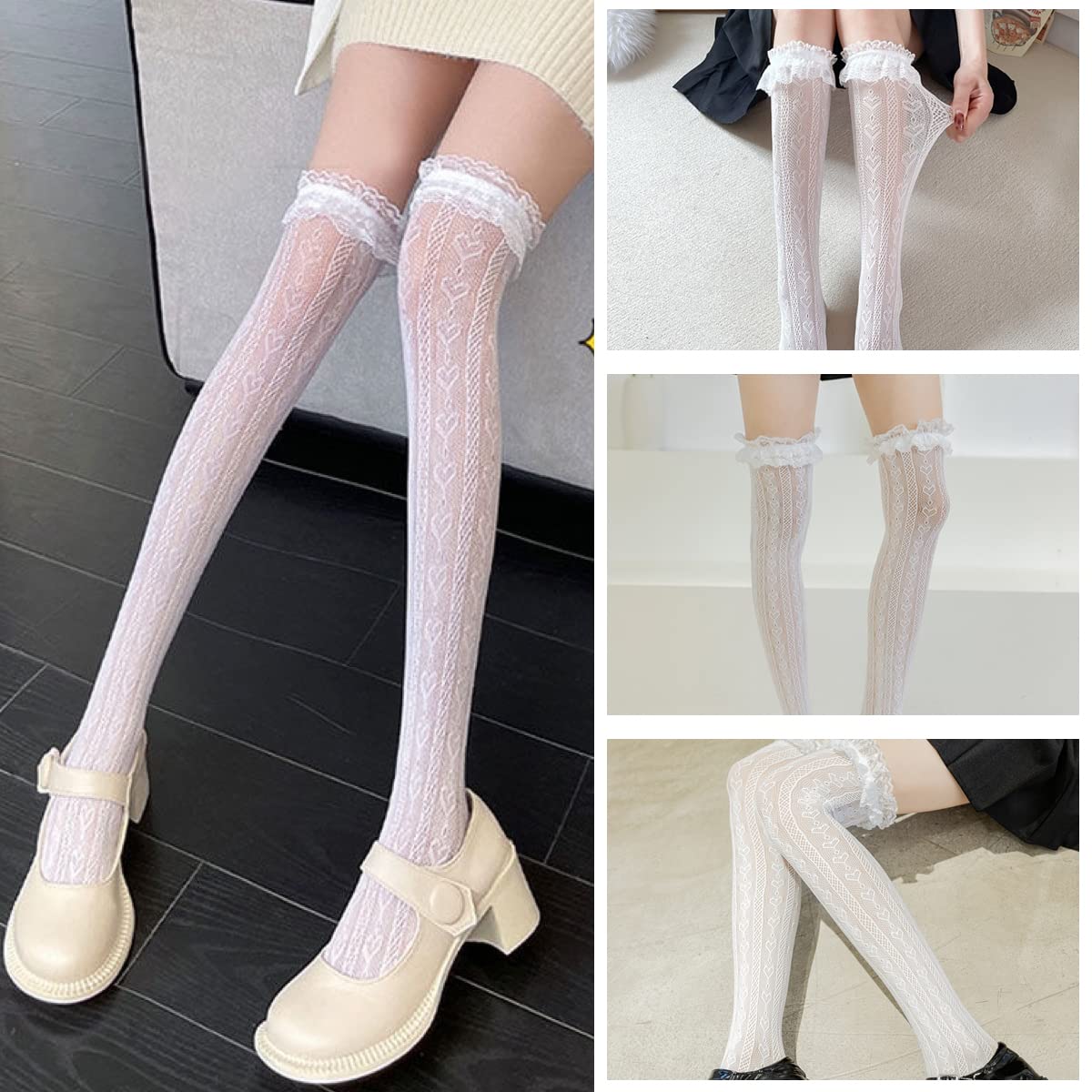 PALAY® Lolita Lace Socks for Girls Teens Fishnet Over Knee High Socks Hollow Out Stockings Long Loose Socks for Mary Jane Shoes, Lolita Dress, Uniforms (1 Pair, White)