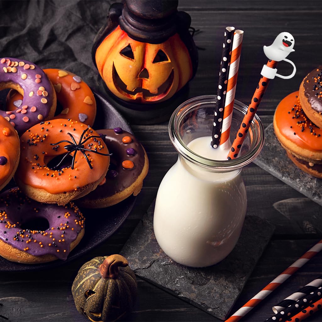 HASTHIP Halloween Silicone Straw Caps for 10mm Reusable Straws featuring Pumpkin and Ghost Designs