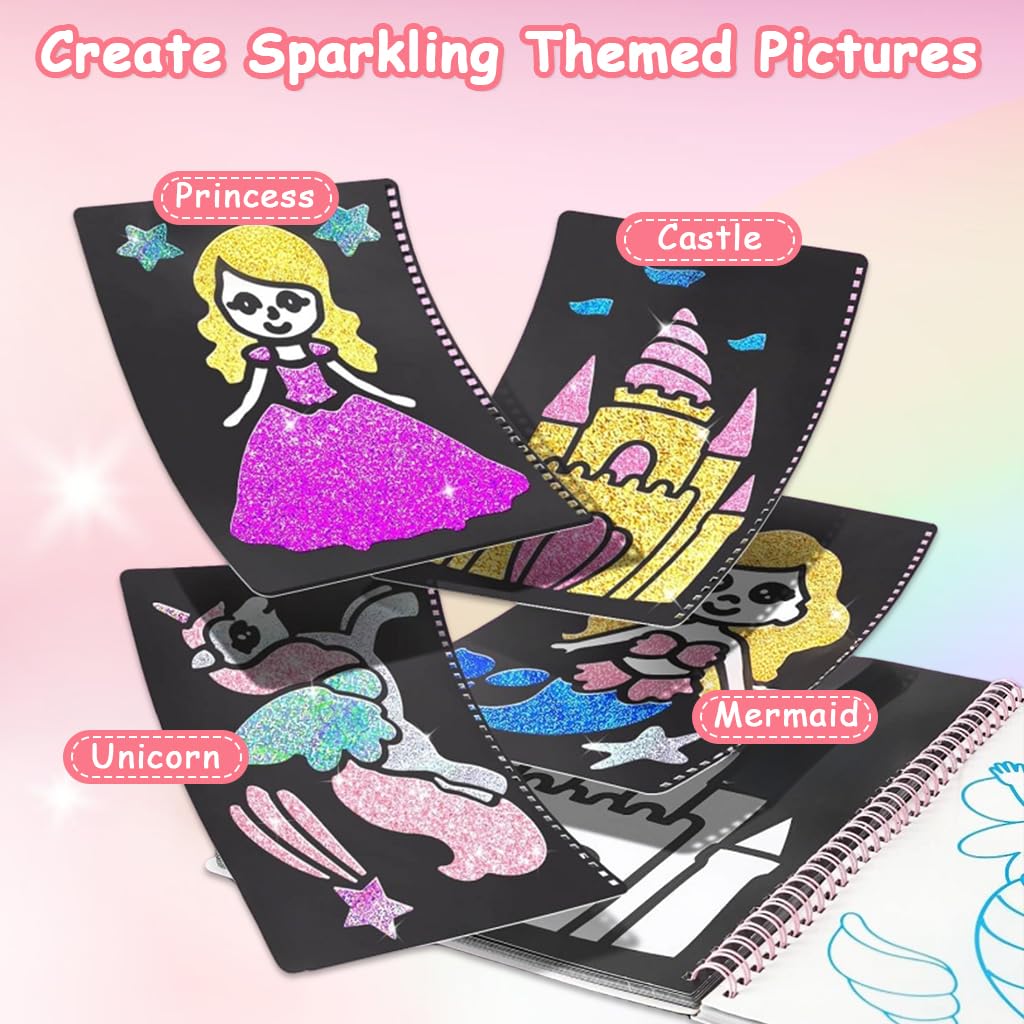 PATPAT DIY Foil Art Coloring Book for Kids with 16 Cartoon Patterns and 80 Glitter Foil Papers | Includes Scratching Stick and 8 Color Pen