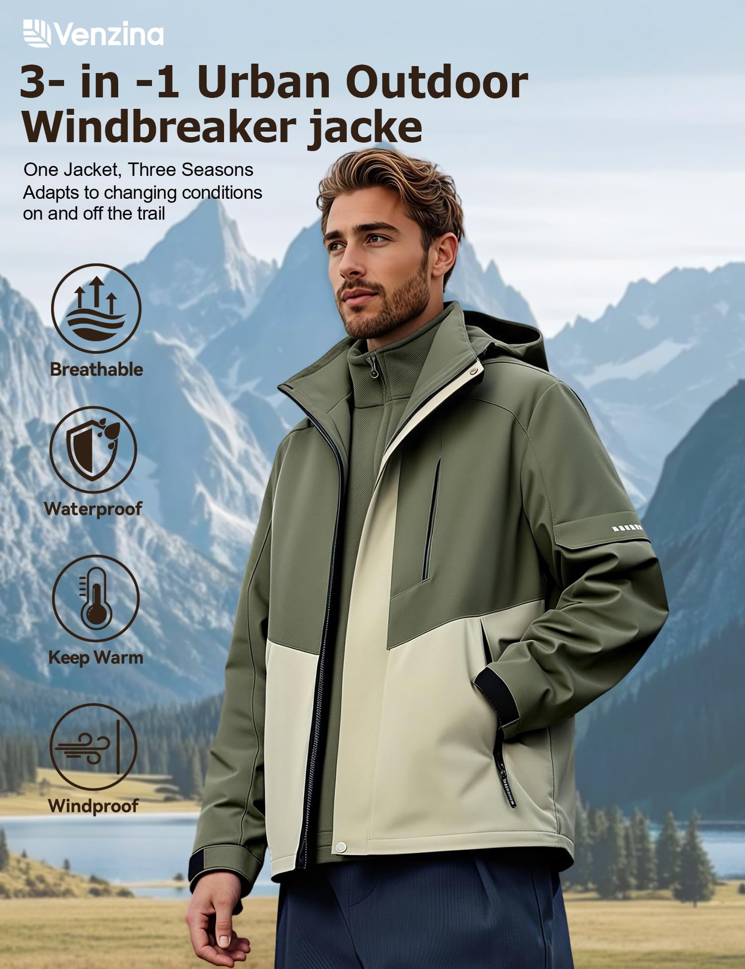 Venzina Men's 3 in 1 Outdoor Hiking Jacket with Detachable Fleece Liner for Winter Sports