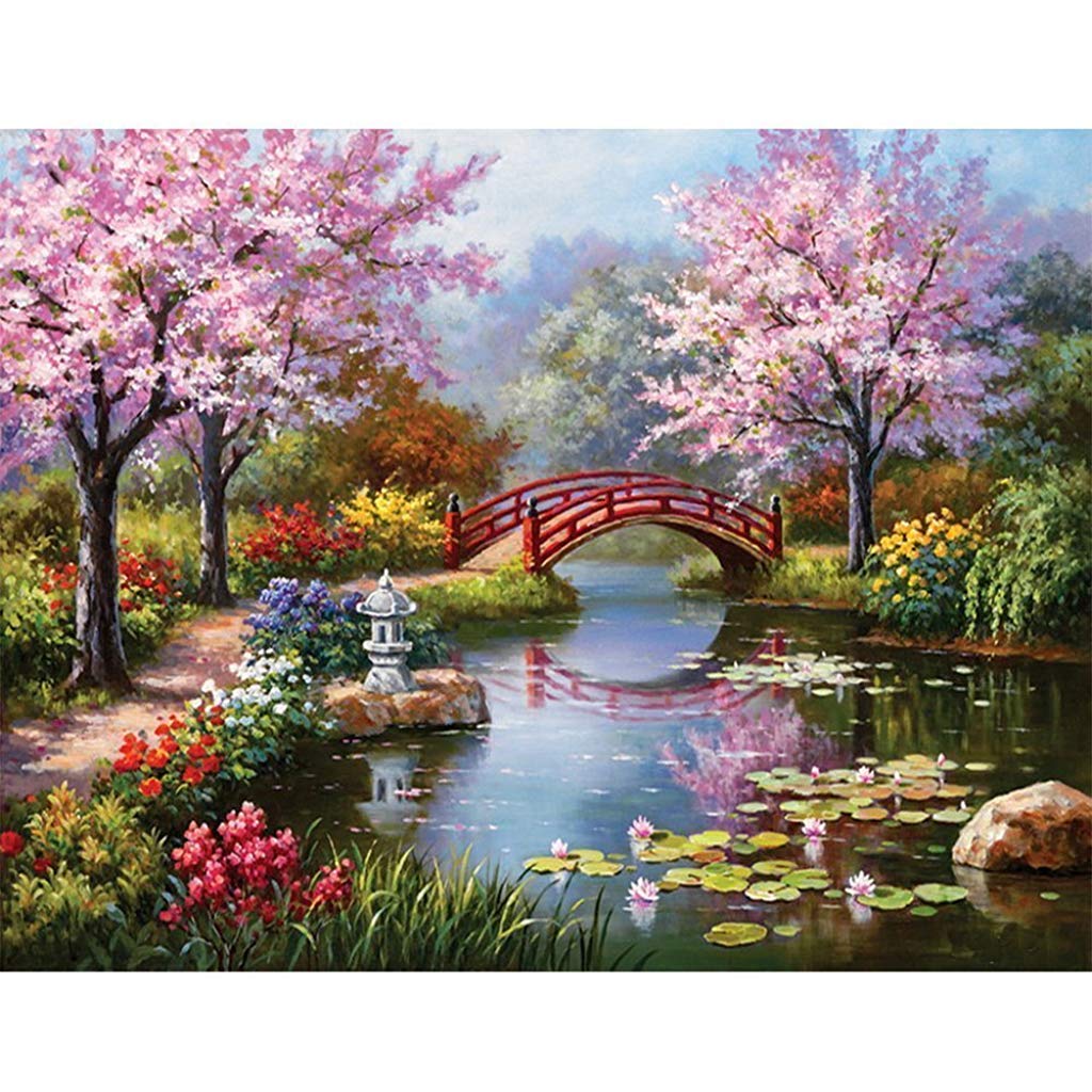 HASTHIP® DIY 5D Diamond Painting Kit, Full Drill Rhinestone Embroidery Cross Stitch Pictures Art Kit for Adults, Suitable for Home Wall Decor, Peach Blossom Bridge-11.8x15.8In