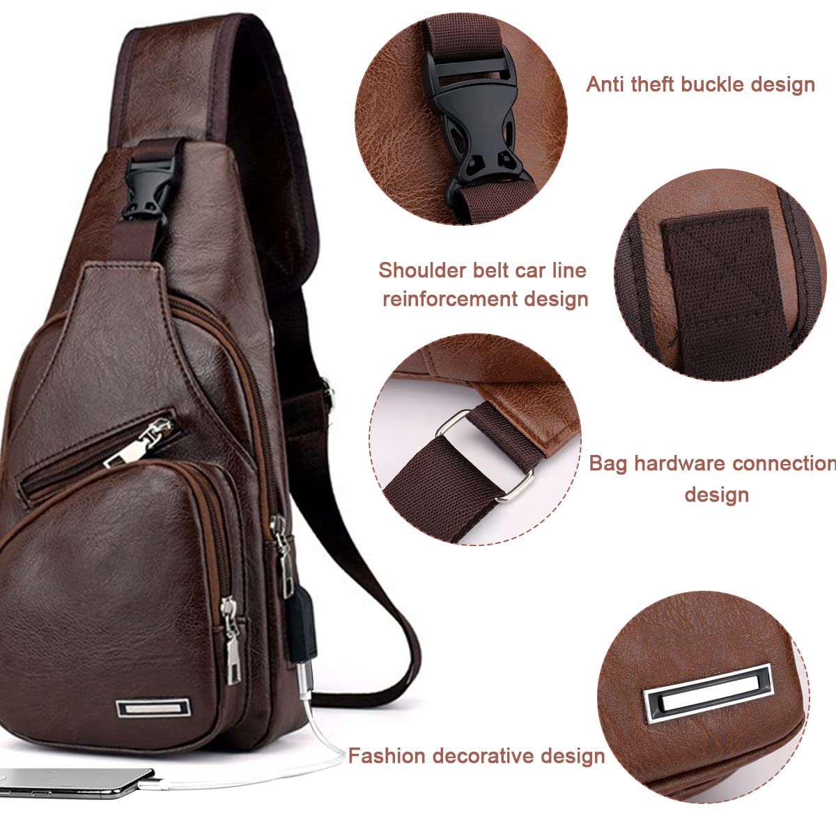 GUSTAVE Crossbody Bag for Travel and Commuting featuring USB Vent | Waterproof PU Leather 6.69×3.54×13.78 in