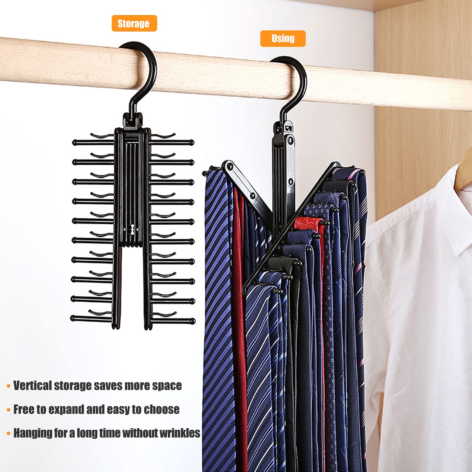 ZIBUYU Hanger for 20 Tie Organizer with 360 Degree Rotating Rack and Non Slip Clips for Closet