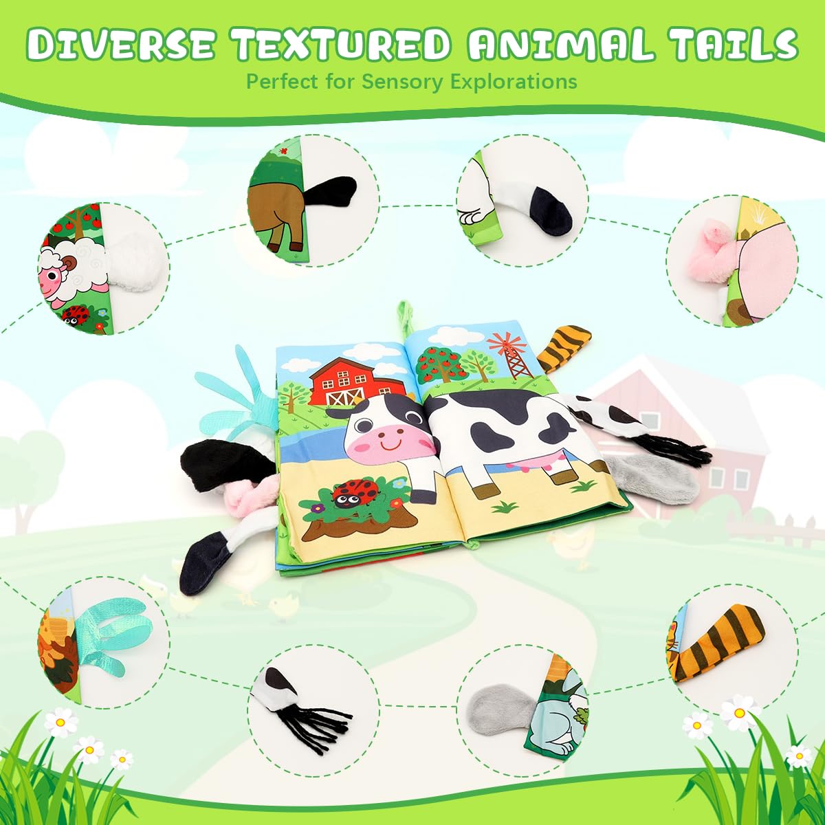 SNOWIE SOFT Farm Theme Cloth Books for Babies with 12 Textured Animal Tails | BPA-Free Sensory Toy