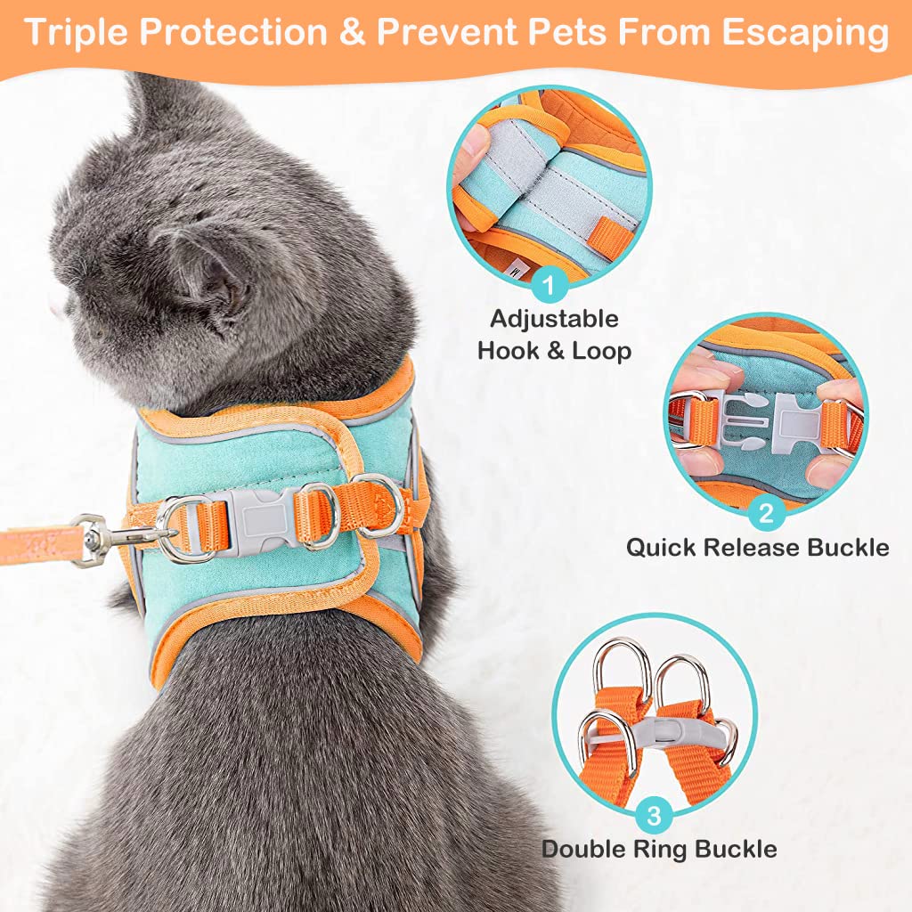 Qpets  Cat Harness with Cat Leash for Walking, Adjustable Soft Sturdy Faux Suede Escape Proof Kitten Vest Harness and Leash with Reflective Strip for Large Medium Small Cat(Green, Orang, M)