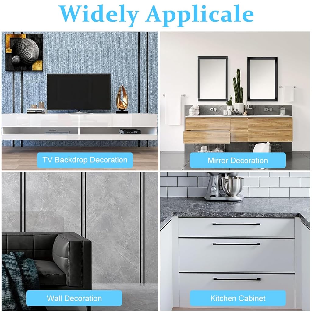 HASTHIP® 16.4ft Black Metal Trim Wall Strip 201 Stainless Steel Self-Adhesive Peel Stick Metalized Mirror-Like Finish Ceiling Floor Cabinet Tile Edge Moulding 3 PCS