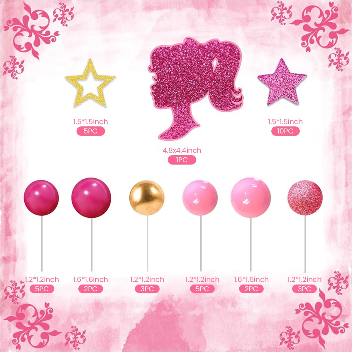 HASTHIP Cake Toppers for Birthday Cakes with 36 Pcs Glittering Stars and Pink Girl Silhouette | Party Decorations for Women and Girls
