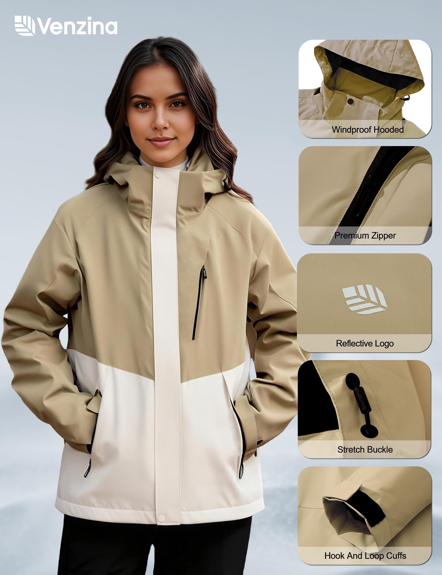 Venzina Women’s Water Repellent Jacket for Outdoor Hiking with Reflective Design | Light Khaki