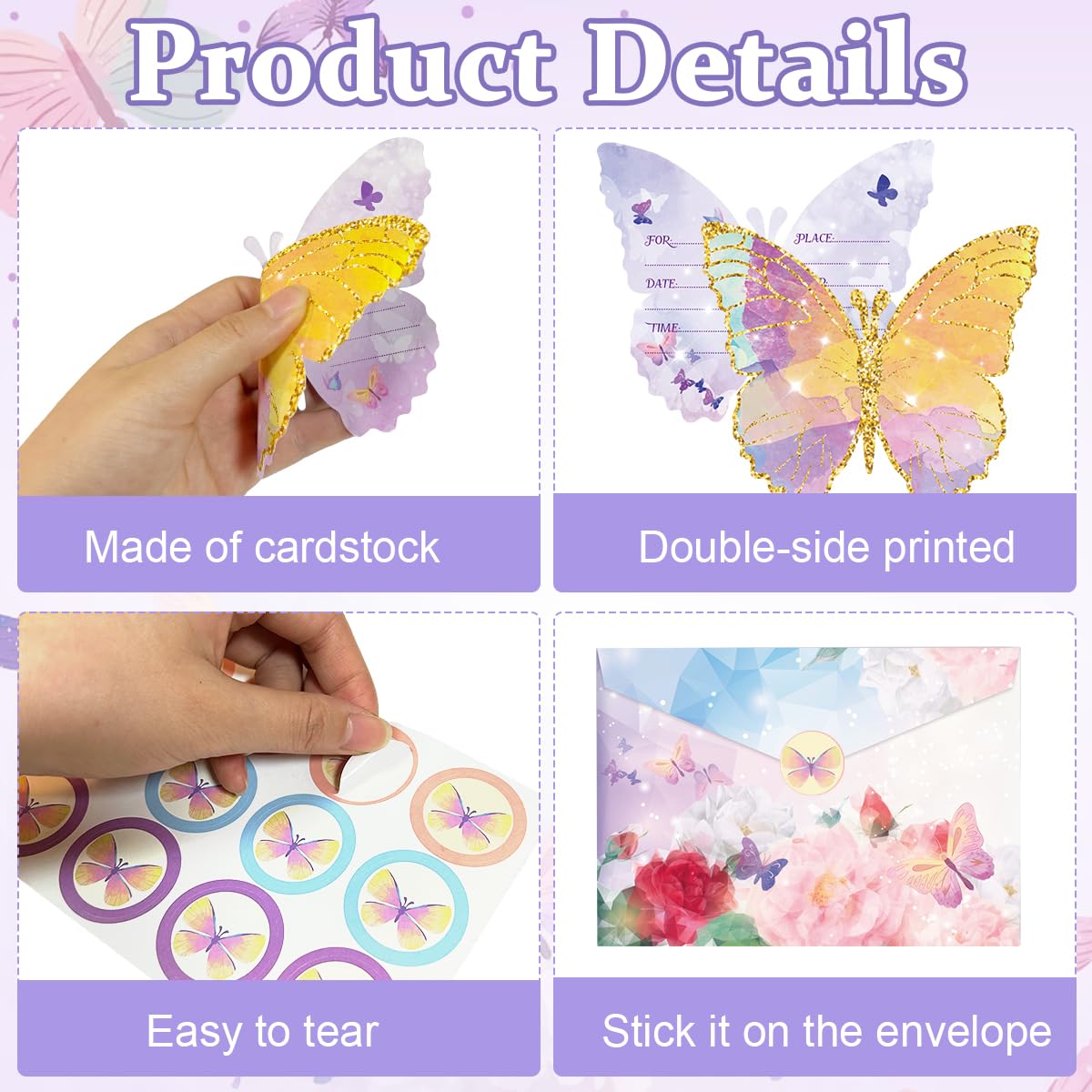 Venzina Butterfly Birthday Invitation Cards for Kids with Envelopes and Stickers 12 Pieces