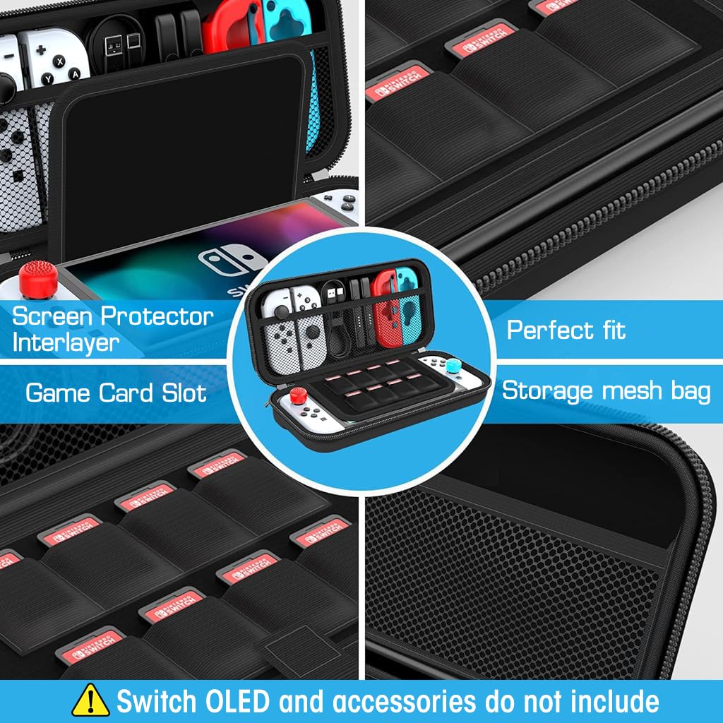 Carrying Case for Switch and Switch OLED featuring 8 Game Slots 6 Button Caps EVA Shell