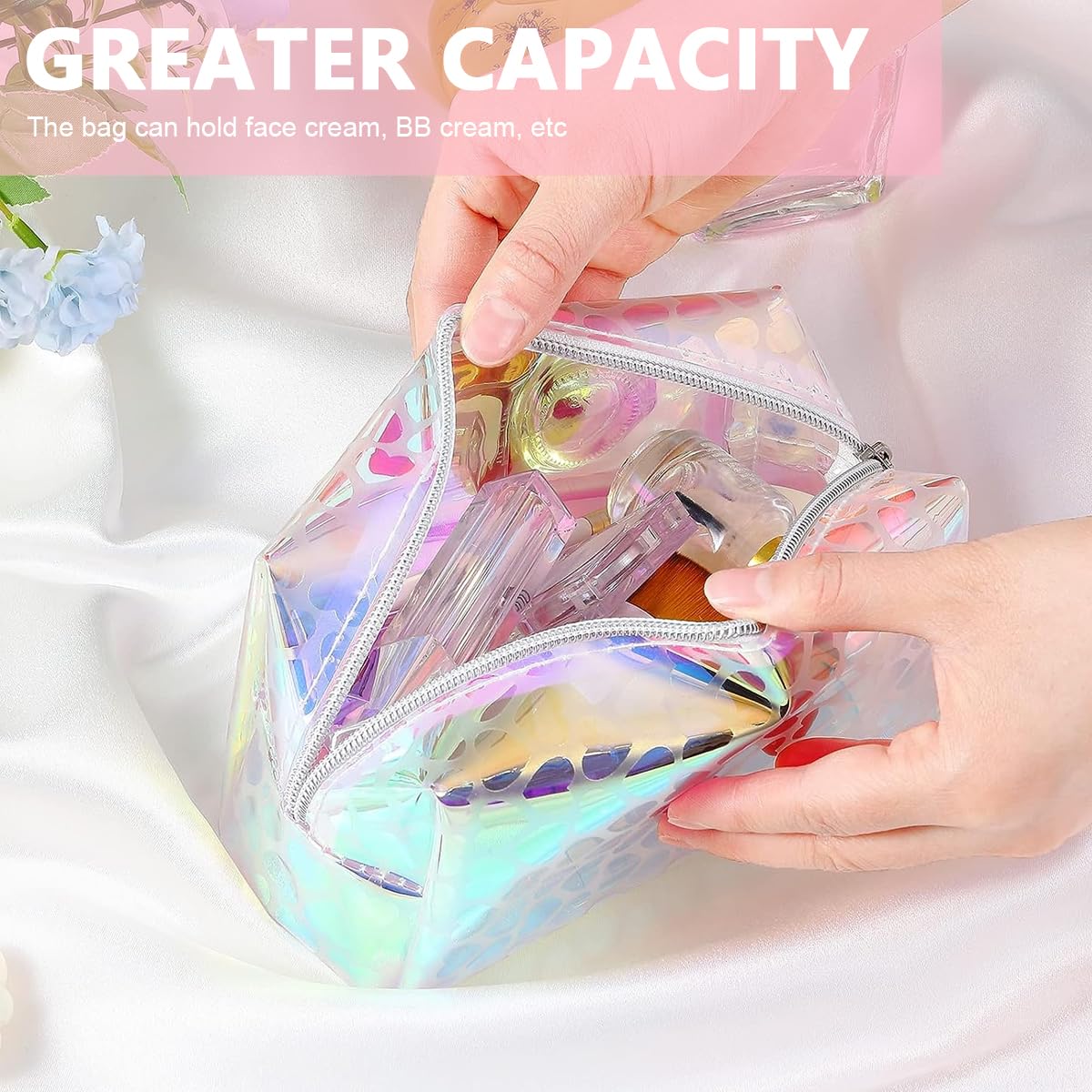 MAYCREATE Makeup Pouch Organizer for Travel with 16×8.5×9cm Capacity featuring Semi‑Transparent TPU & Holographic Heart Print | Cosmetic Bag for Women and Girls