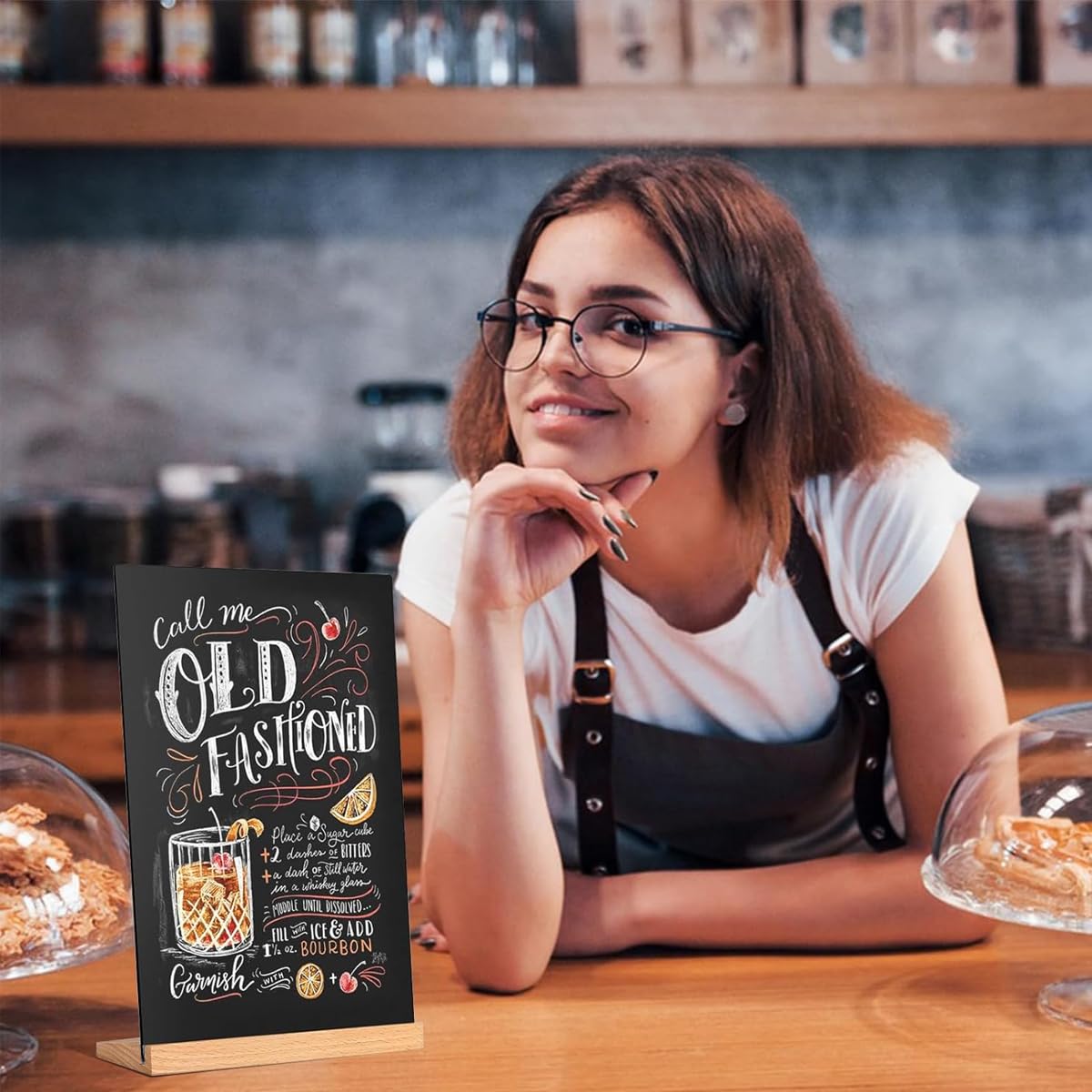 OFIFO A4 Blackboard for Kitchen and Café Display with Double Sided Surface and Wooden Base | Includes Color Markers and Microfiber Wipes