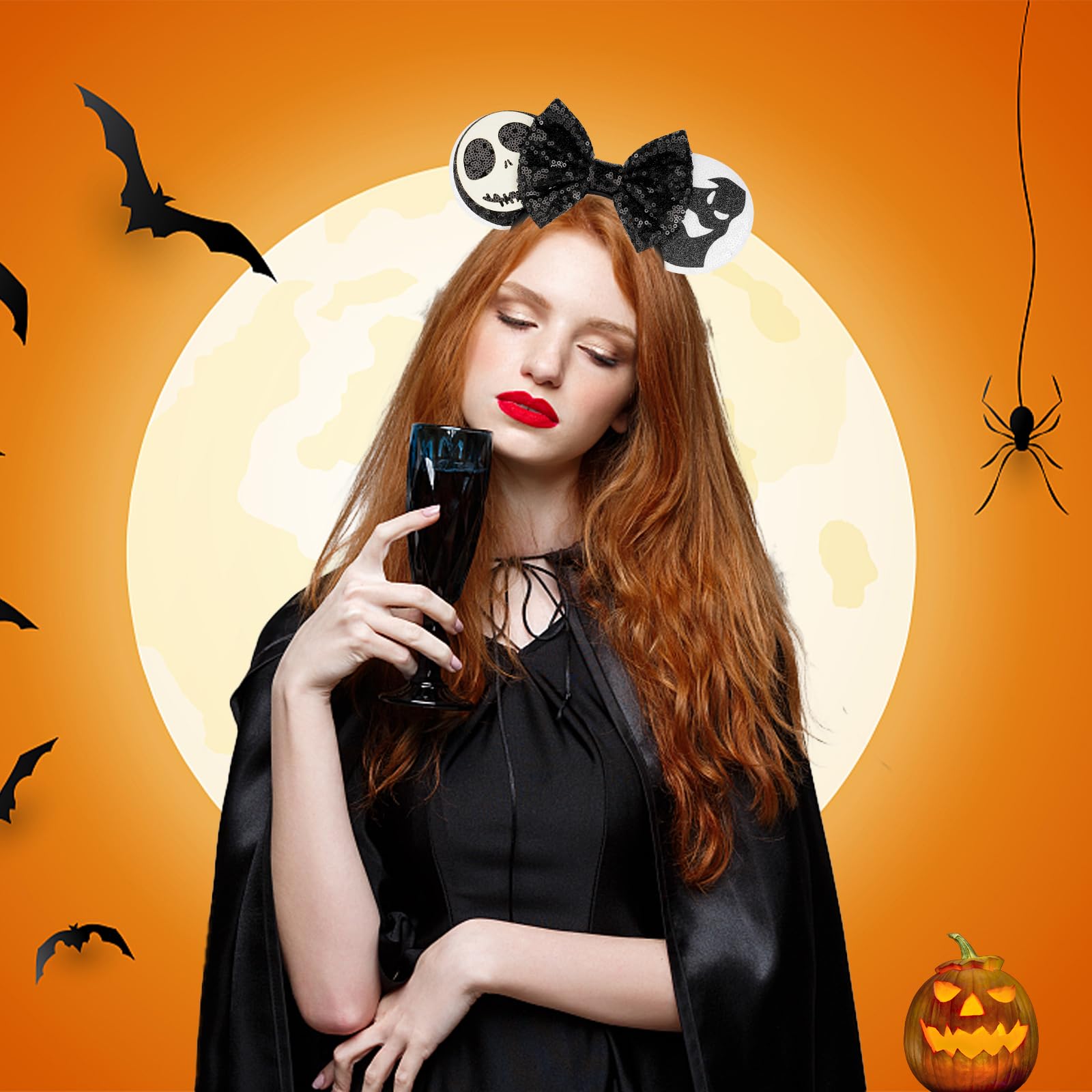 PATPAT Halloween Headband for Girls with Sequin Bow and Mickey Style Ears | Spooky Skull Ghost Costume Accessory