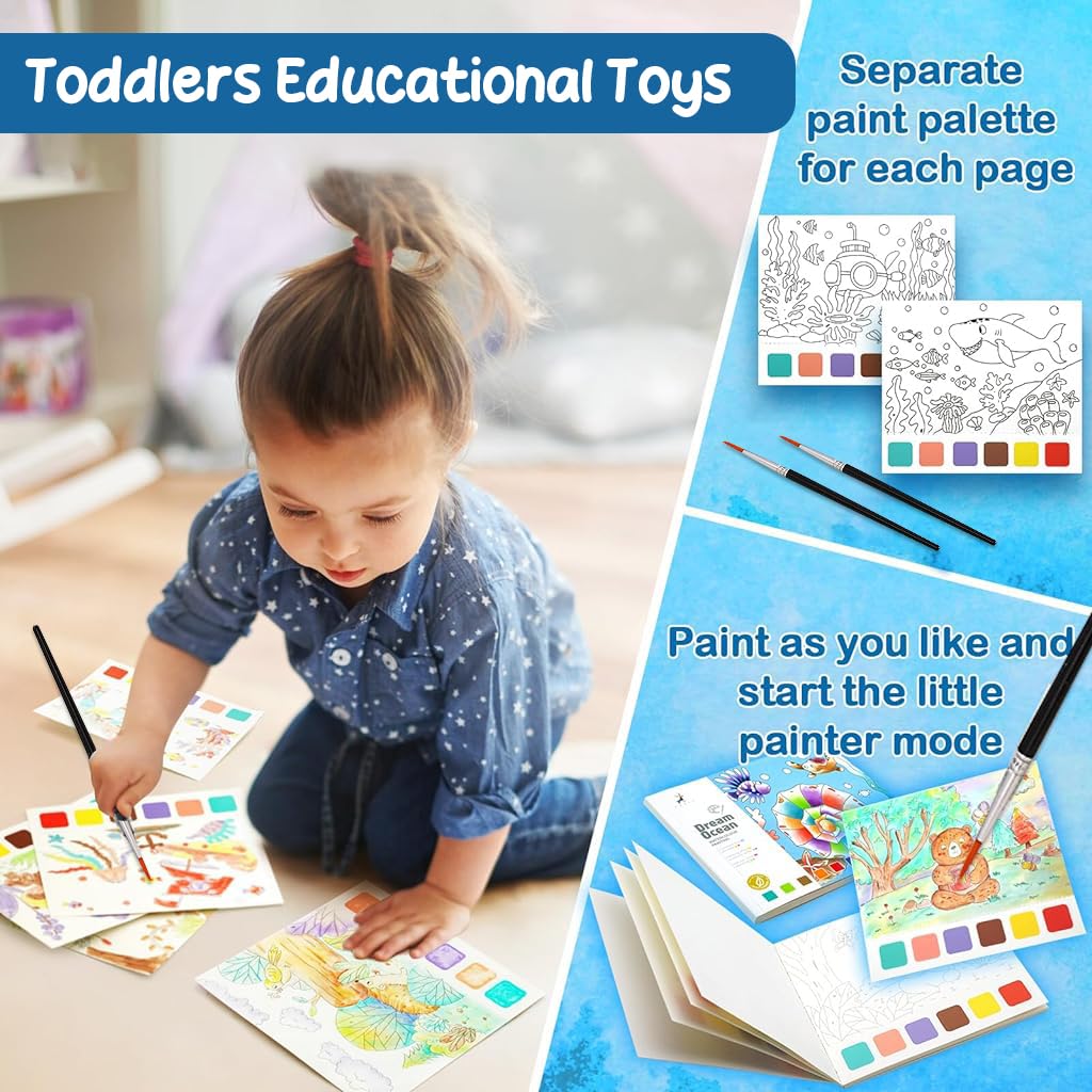PATPAT Kids Watercolor Painting Book 2Pcs for Creative Learning with Brush and Pigments | Hard Paper Art Set for Children 3 Plus