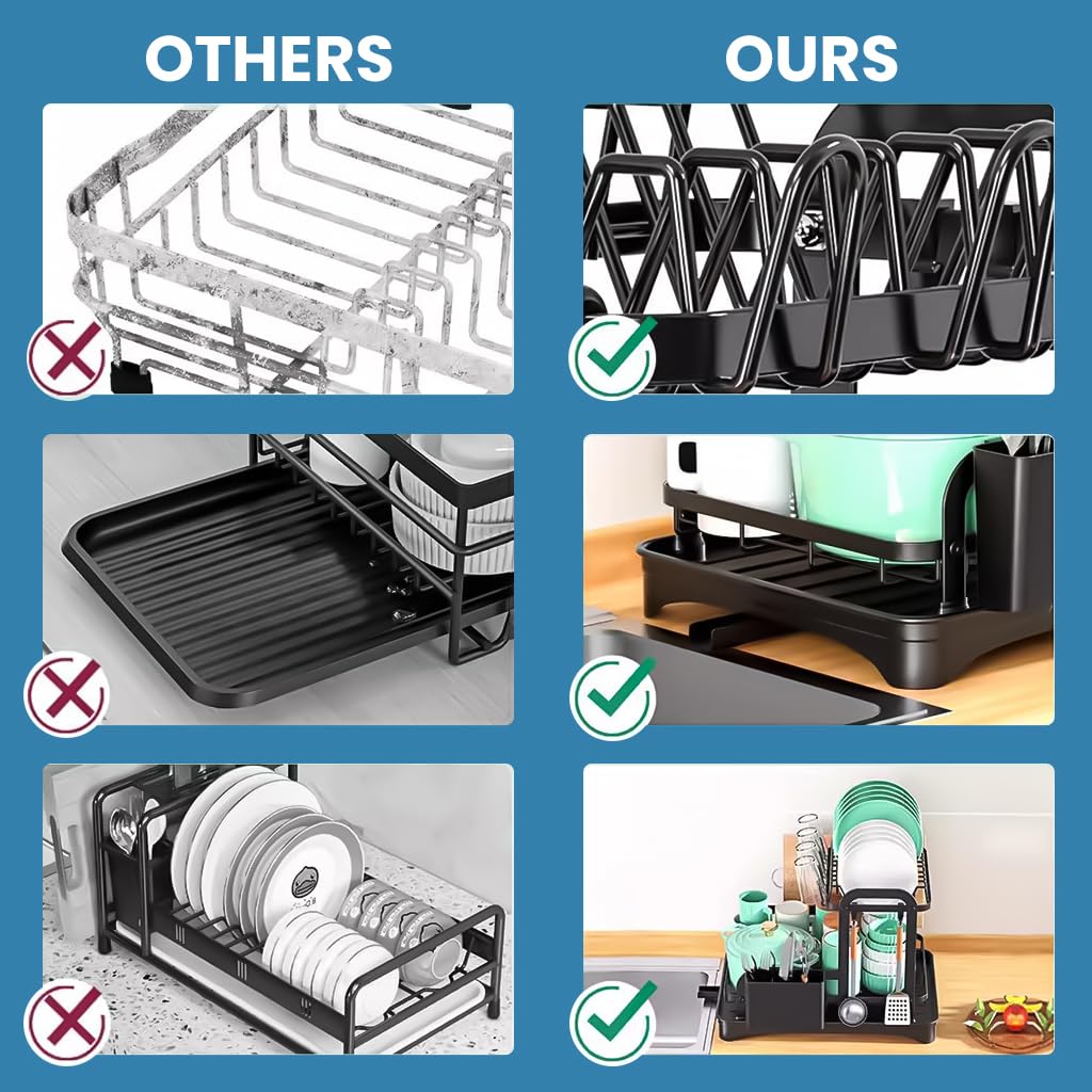 HASTHIP Kitchen Utensil Drying Rack with Double Layer Storage and Drain Pipe | 42x30x32cm Metal Organizer