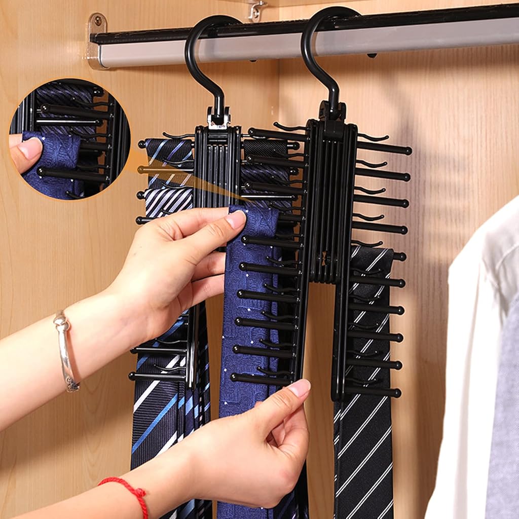 ZIBUYU® Hanger for 20 Tie Organizer with Non-Slip Clips Cupboard Organiser for Clothes Rack Holder 360 Degree Rotate to Open Close Space Saving for Ties Bowties Belts Scarves 3 PCS